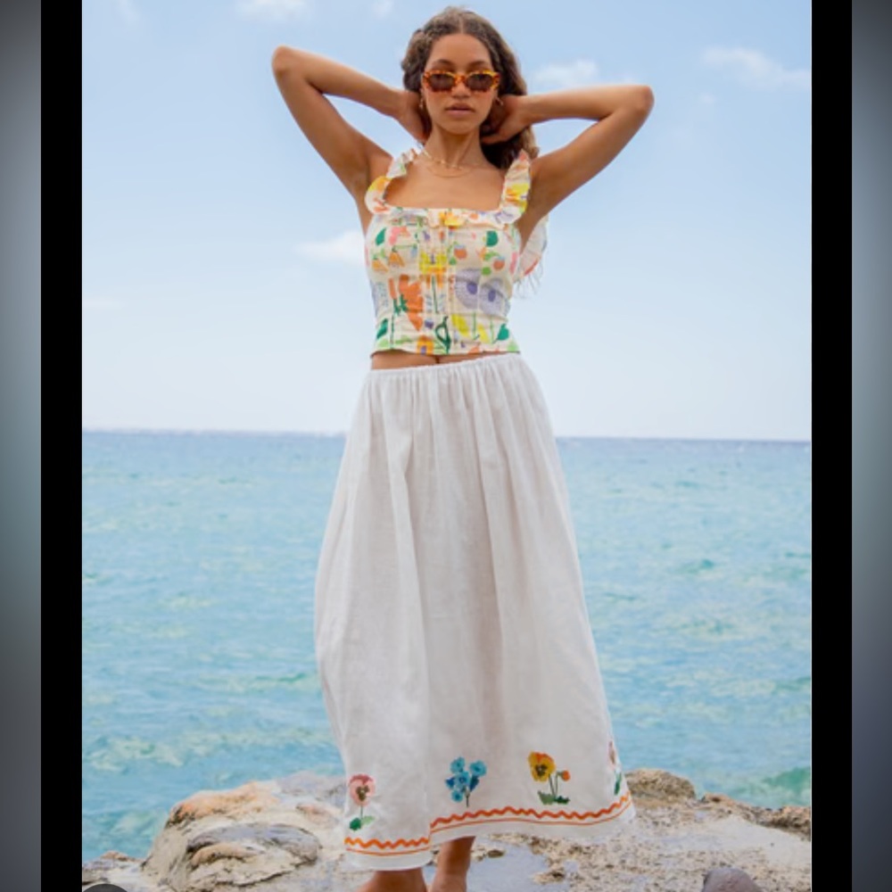 VRG GRL Fleuriste Linen Midi Skirt and VRG GRL Mid Sómmer Linen Top set.